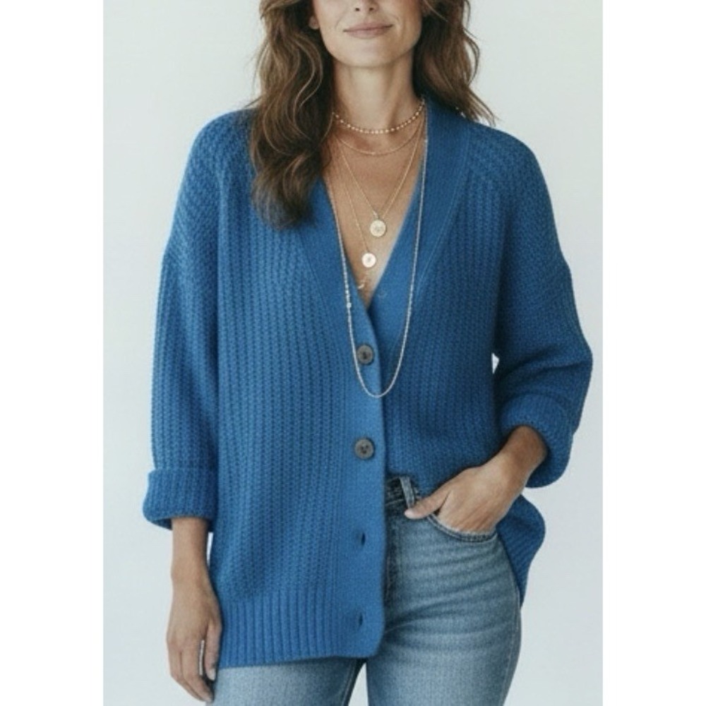 Brochu Walker Blue Chunky Linen Knit Cardigan Sweater Sz S Coastal Grandmacore